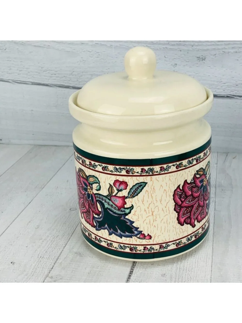 Preferred Stock PAISLEY GARDEN Floral Sprays Green Band Stoneware Flour Canister